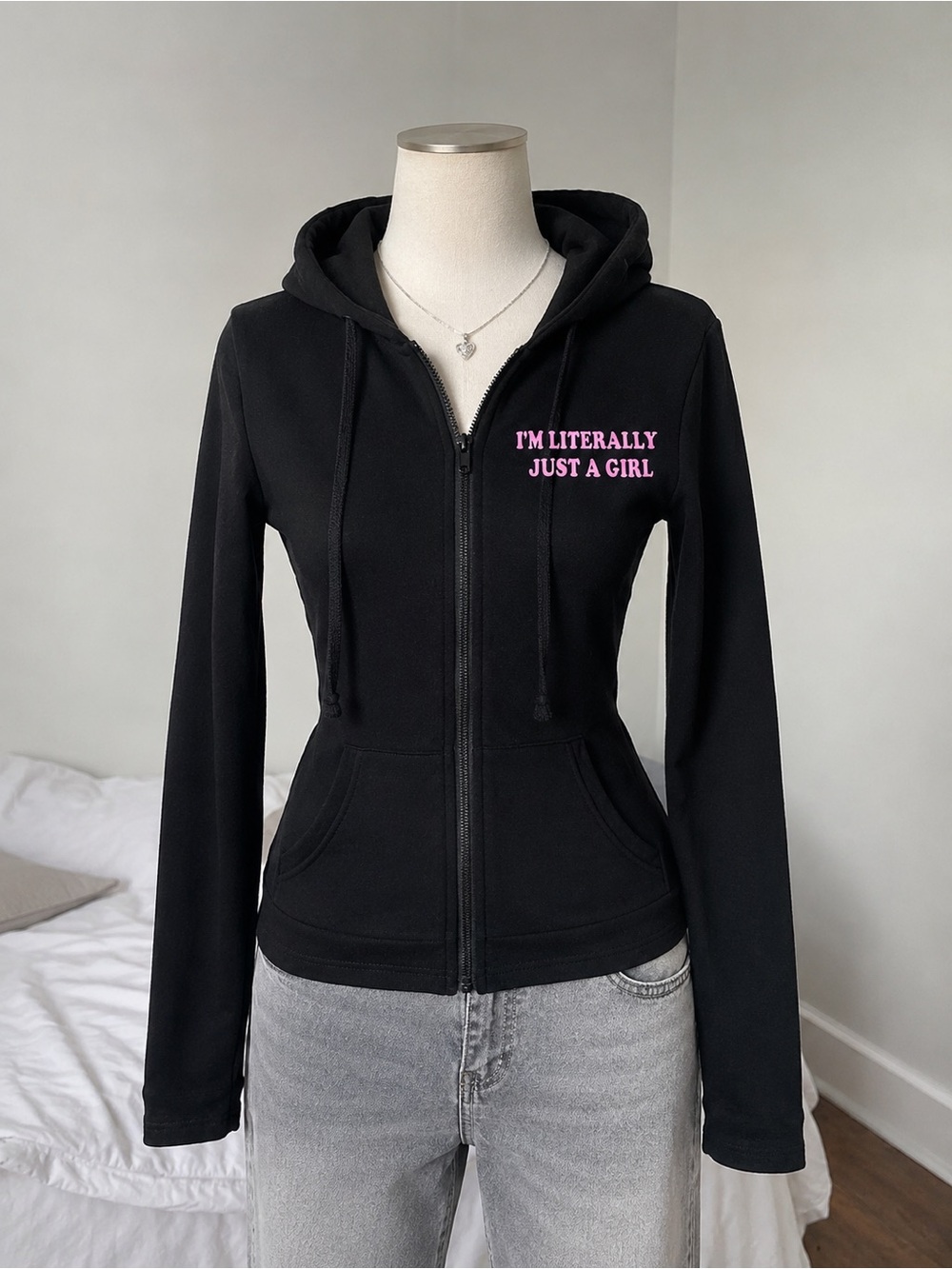 SHEIN Black Zip-Up Hoodie with Pink Text